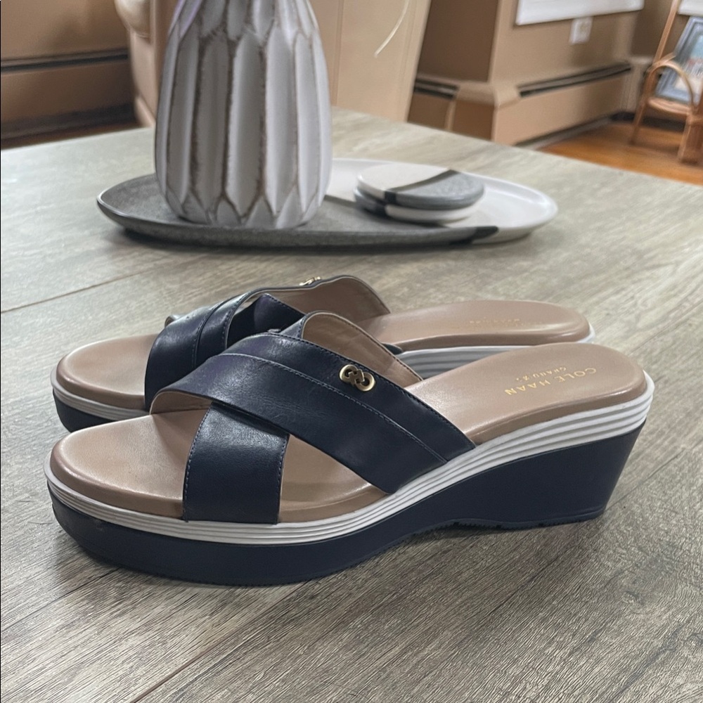 Cole Haan Women's Navy and Cream Blue Wedge Sandals, 2” heel